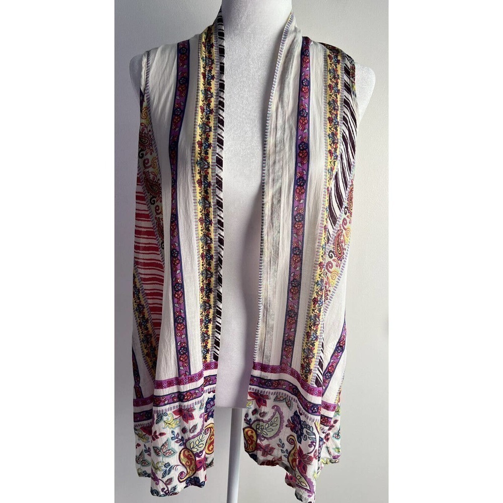 Parsley & Sage Sz S Artsy 100% Cotton Tunic‎ Length Open Vest Colorful Pockets